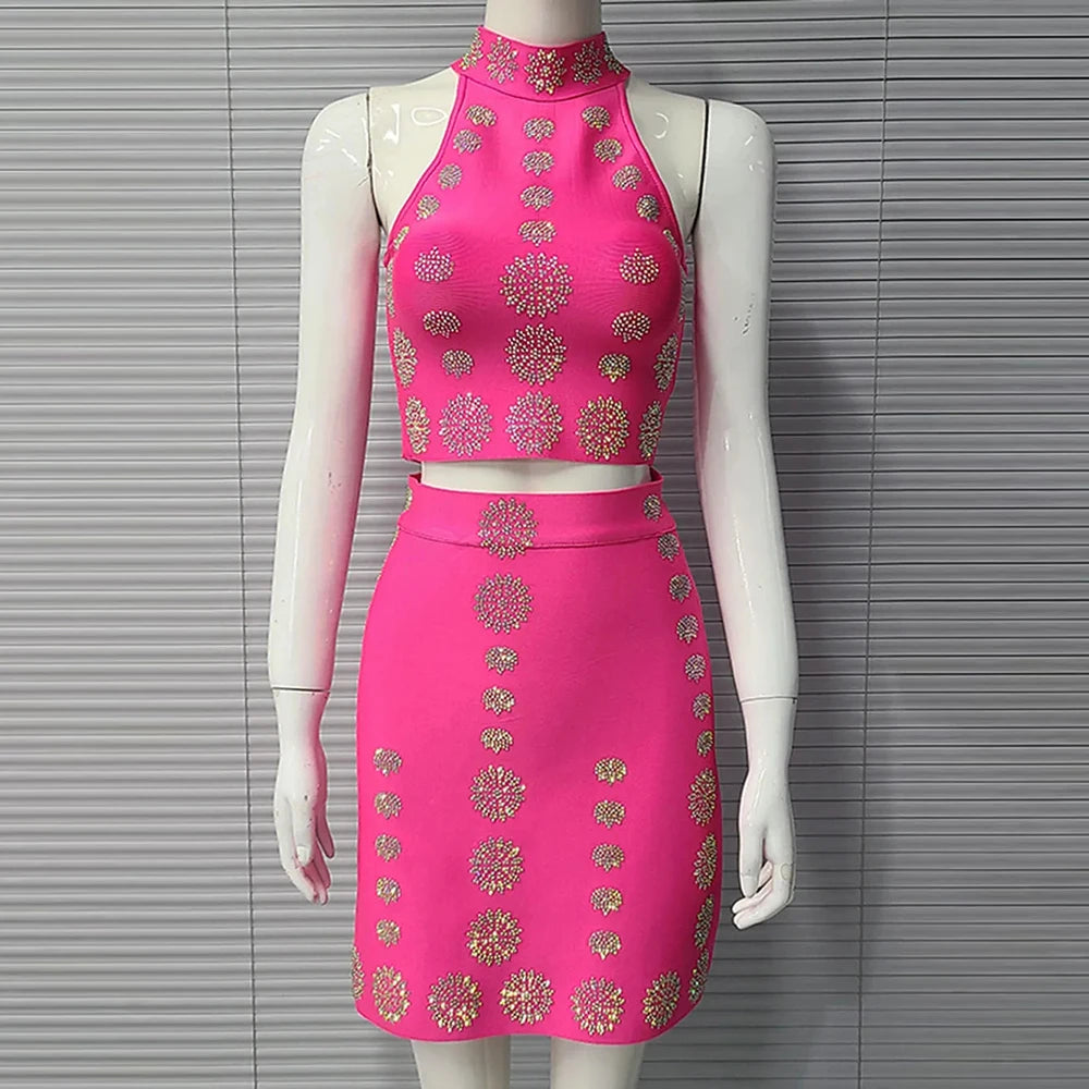 2025 Sexy Women's Hot Diamond Top+Bandage Short Skirt Sets O-neck Sleeveless Short Tank Top+High Waist Short Skirt Two Piece Set Pink