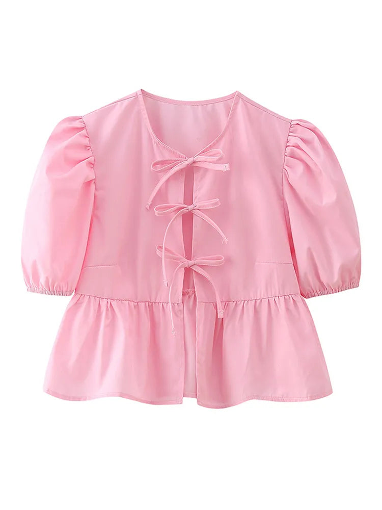 Bow Tied Lace Up Shirt Women Pleats Office Puff Sleeve Female Chic Slim Solid Tops Summer Sweet Lady V Neck Tops Pink