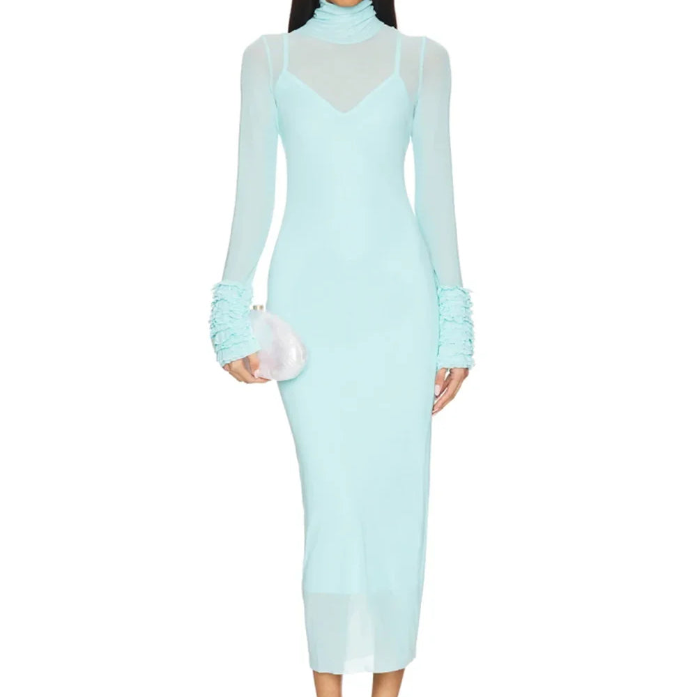 Sexy Turtleneck Ruffle-Cuff Mesh Tight Long Dress Women Long Sleeves Ruffles Bodycon Midi Dresses Evening Party Cocktail Club