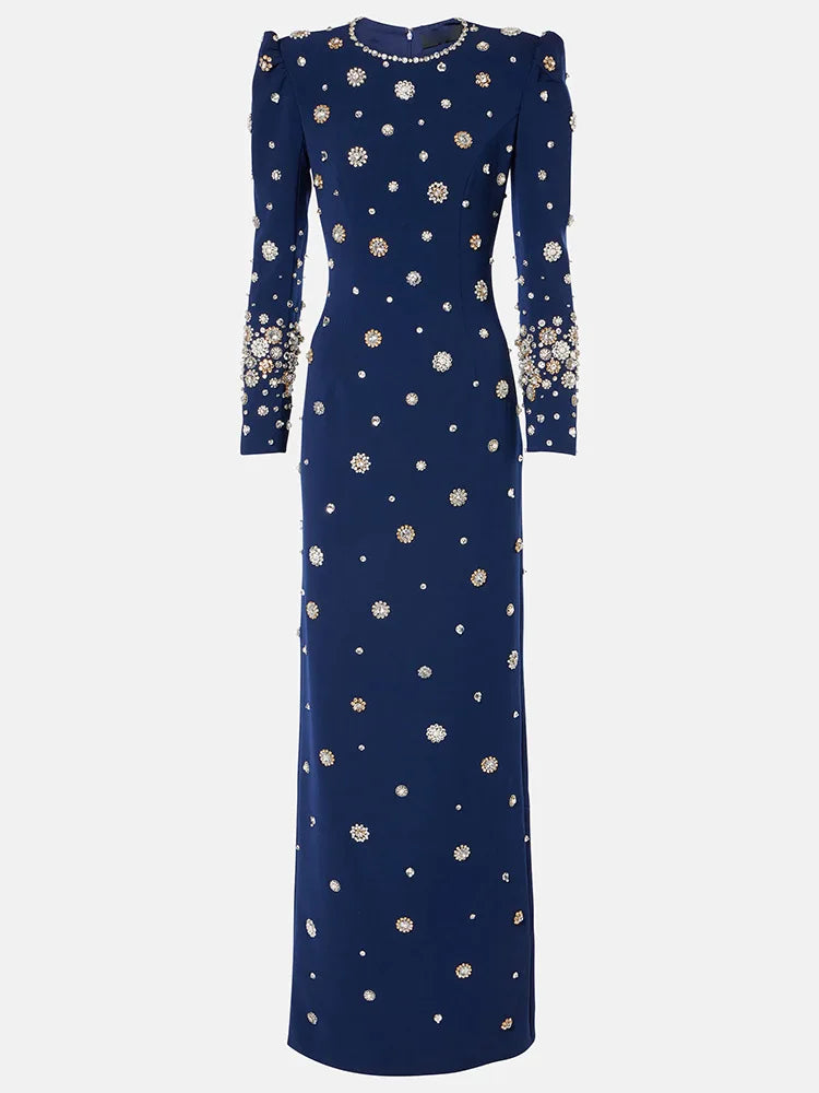 2025 New Spring Women Long Sleeve Beading Crystal Fashion Slim Long Maxi Dress Celebrate Elegant Evening Party Cocktail Dress