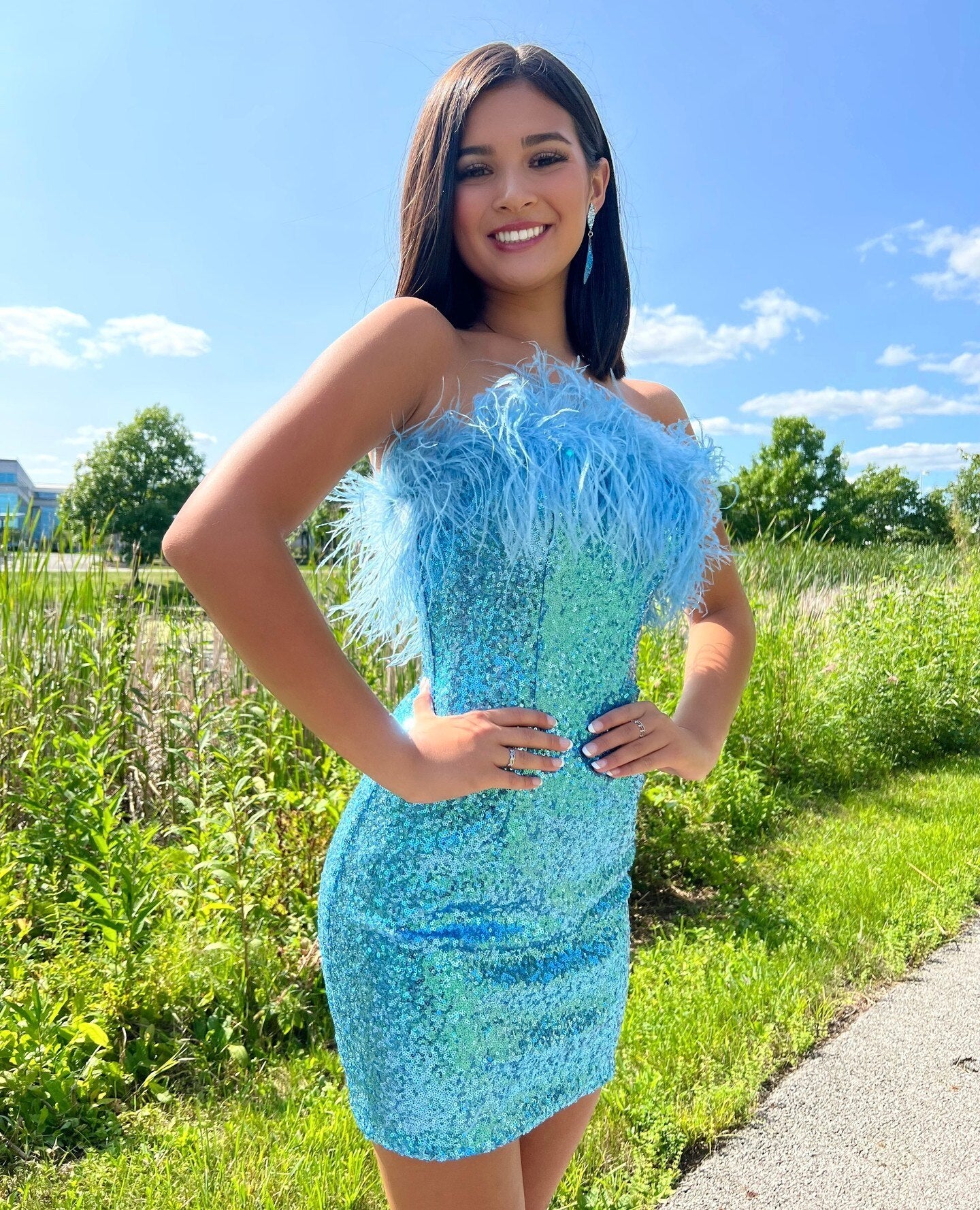 Sequin Mini Hoco Dress 2024 NYE Feather Strapless Short Lady Formal Homecoming Party Gown Club Night Cocktail Prom Gala RoseGold Sky-Blue