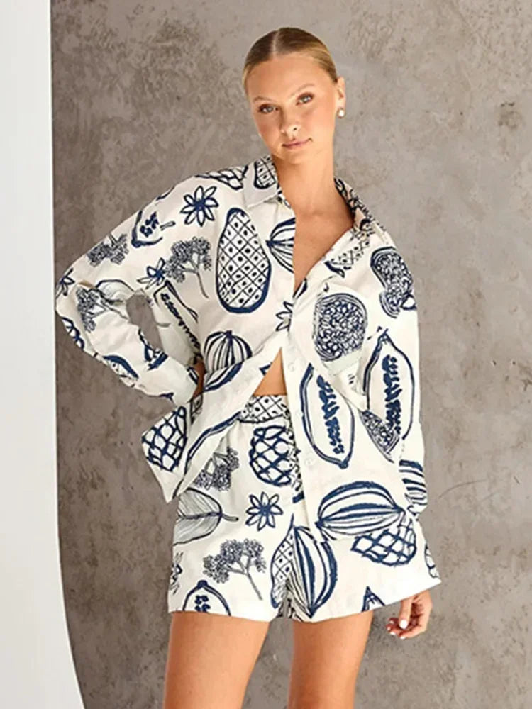 Foridol Fruit Printed Pockets Casual Shirt+shorts Set Outfits Matching Set Summer Women Spring Beach Oversize White Set