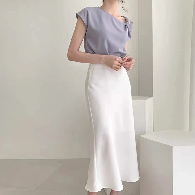 WYWM Summer High Waisted Satin Silk Skirt Women Solid 8 Color Fashion Elegant Ladies Streetwear Skirts Slim A-line Female Dress White