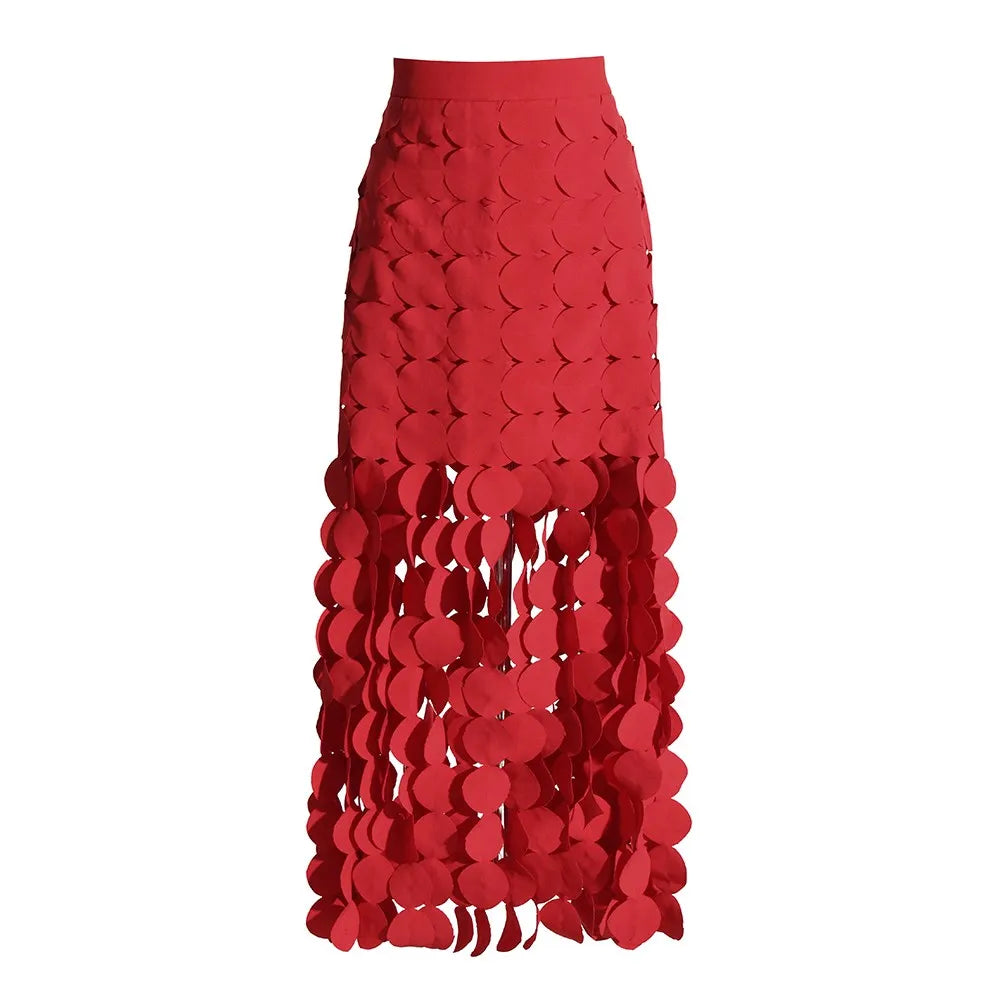 Solid Minimalist Skirts For Women High Waist Patchwork Dot A Line Skirt Elegant Temperament Skirt Female Fashion RED