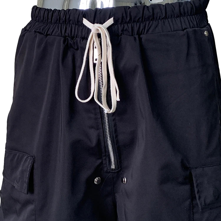 Lautaro Summer Autumn Black Cargo Shorts for Men High Elastic Waist Drawstring Pockets Loose Casual Short Straight Pants Clothes