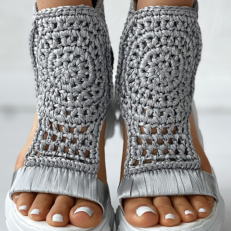 Sandals Women Braided Geometric Wedge Sandals Knitted Elastic Summer Shoes Mesh Flat Sandals Hollow Female Platform Shoes Gray