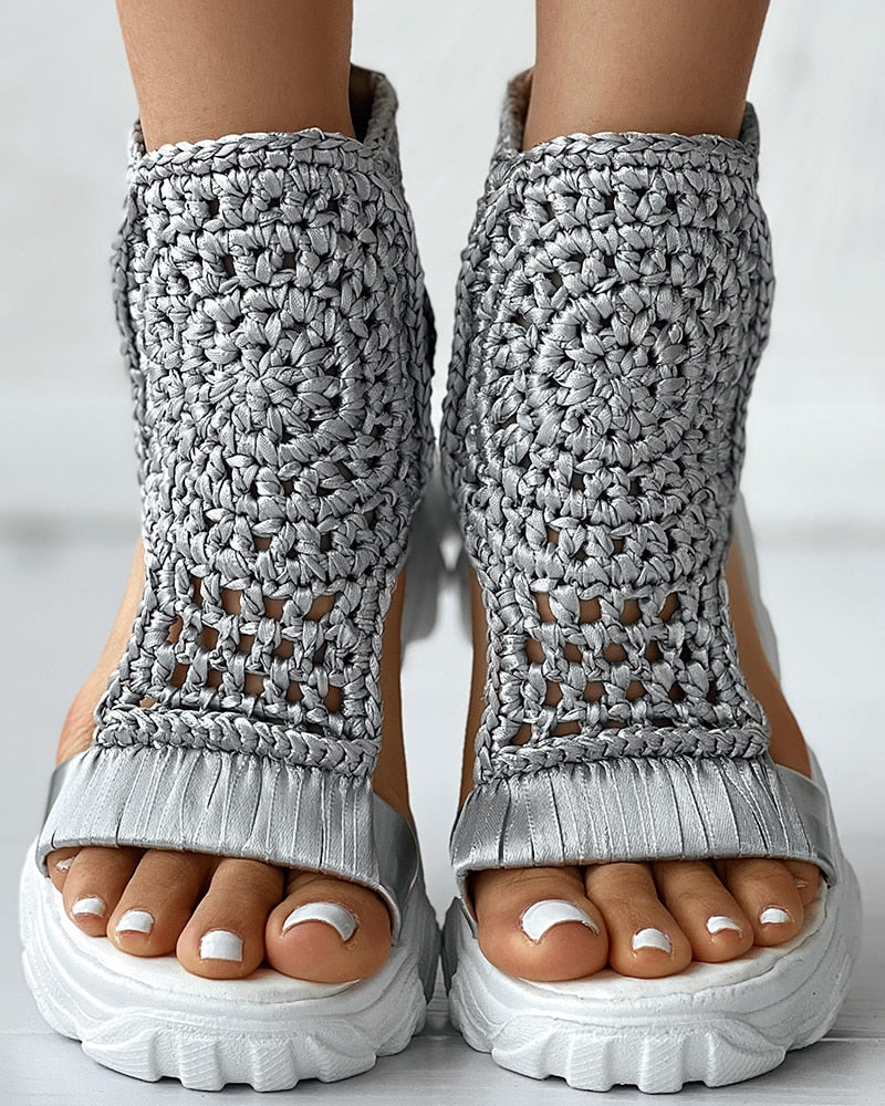 Sandals Women Braided Geometric Wedge Sandals Knitted Elastic Summer Shoes Mesh Flat Sandals Hollow Female Platform Shoes Gray