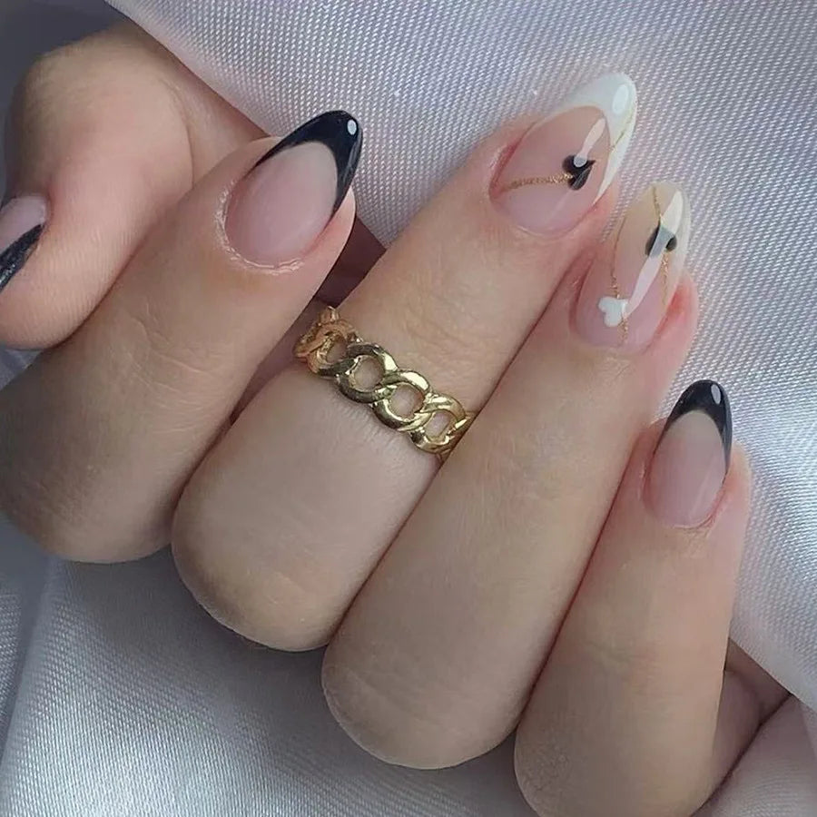 24Pcs Simple Glitter False Nails with Glue Short Oval Almond Fake Nails Yellow Crescent Full Cover Nail Tips Art Press on Nails 3