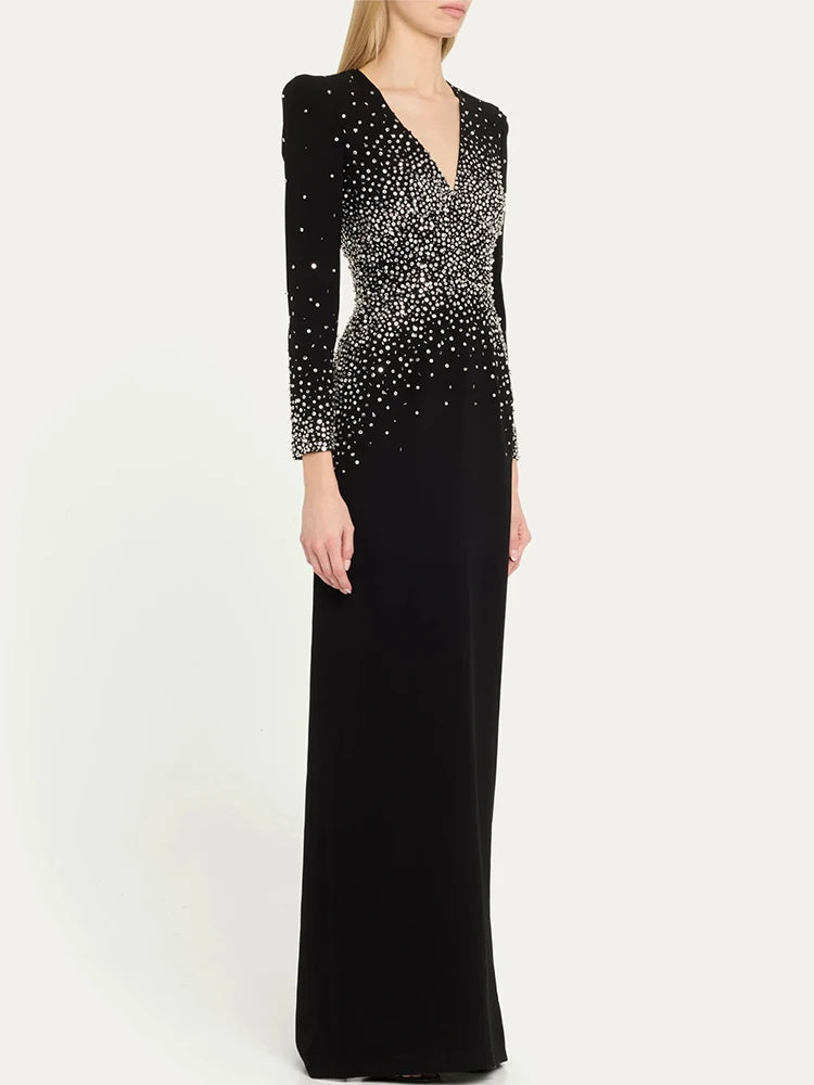 Black Long Sleeves Pearls Embellished Long Dress For Women V Neck Beaded Celebrity Party Evening Gowns Vestidos