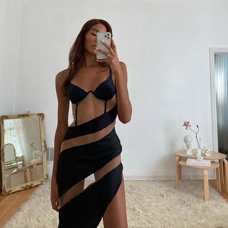 Patchwork See Through Sexy Mini Dress For Women Robe Spaghetti Strap Sleeveless Backless Bodycon Party Dress Vestido Black