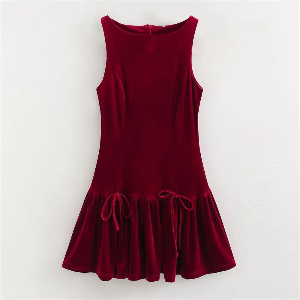 UNIZERA Retro Style Bow Tie Velvet Dress Winter New Round Neck Sleeveless Solid Color Slimming Short Skirt Claret
