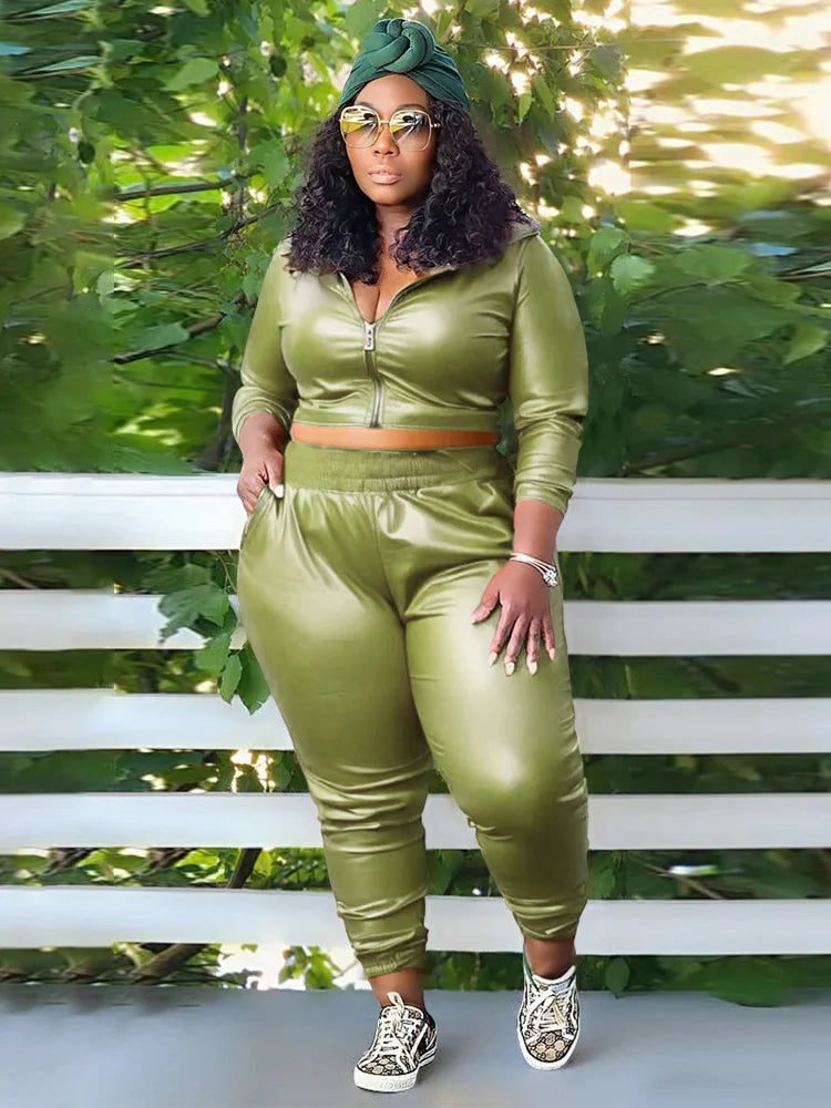 Wmstar Plus Size PU Two Piece Outfits Women Fall Clothing Hoodies Coat Pants Sets Legging Matching Set Wholesale Dropshipping green