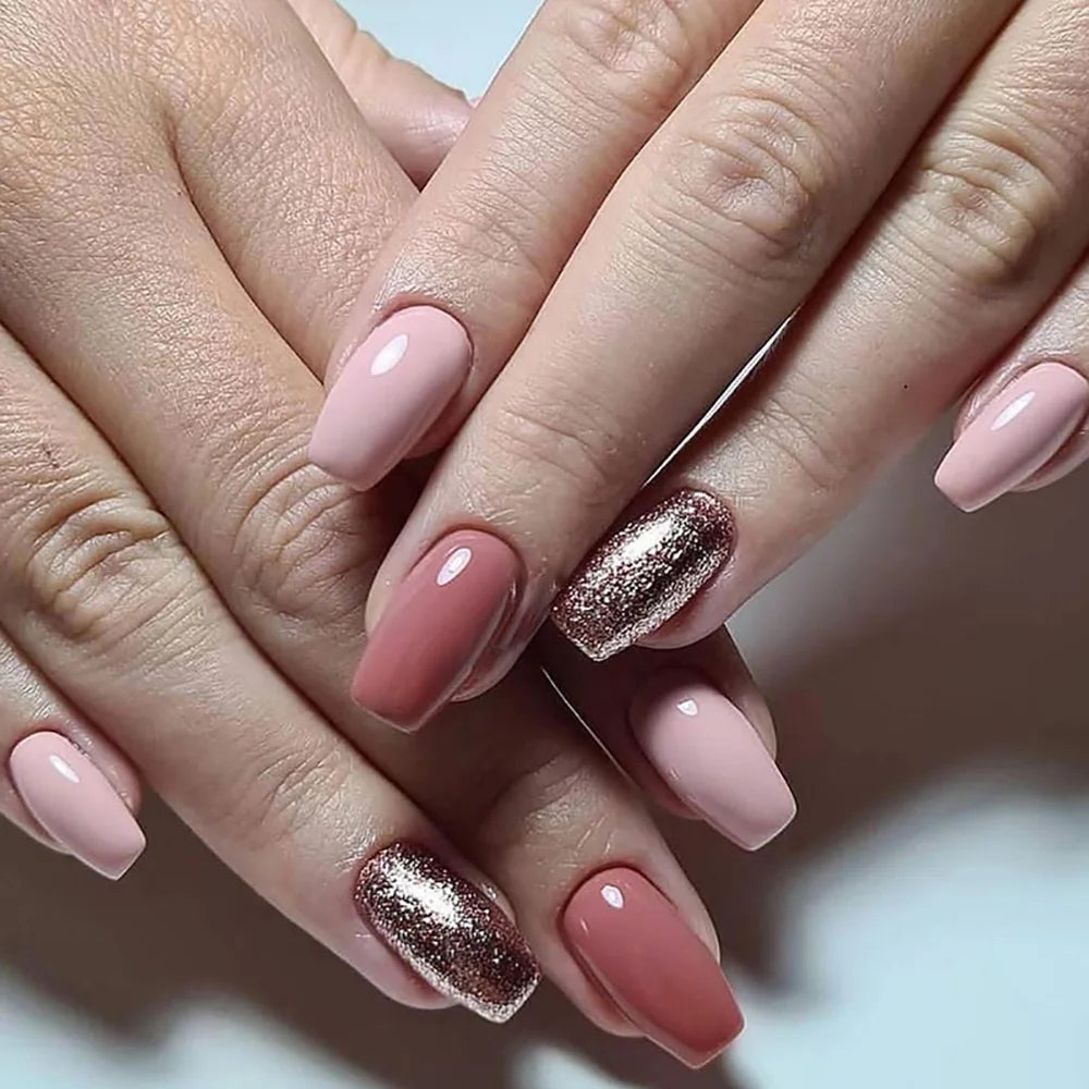 24pcs/set Glitter fake nails for women girls super flash sparkling gradient pink black tips faux ongles press on false nail art 797