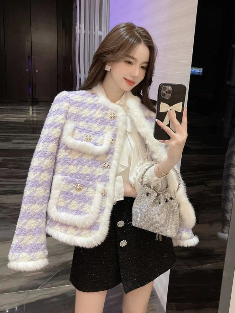 Women's Cotton Short Coat Commuter Style Overshirt Thickened Jacket Autumn Winter Clothes Imitation Mink Fur Coat Checkered Suit