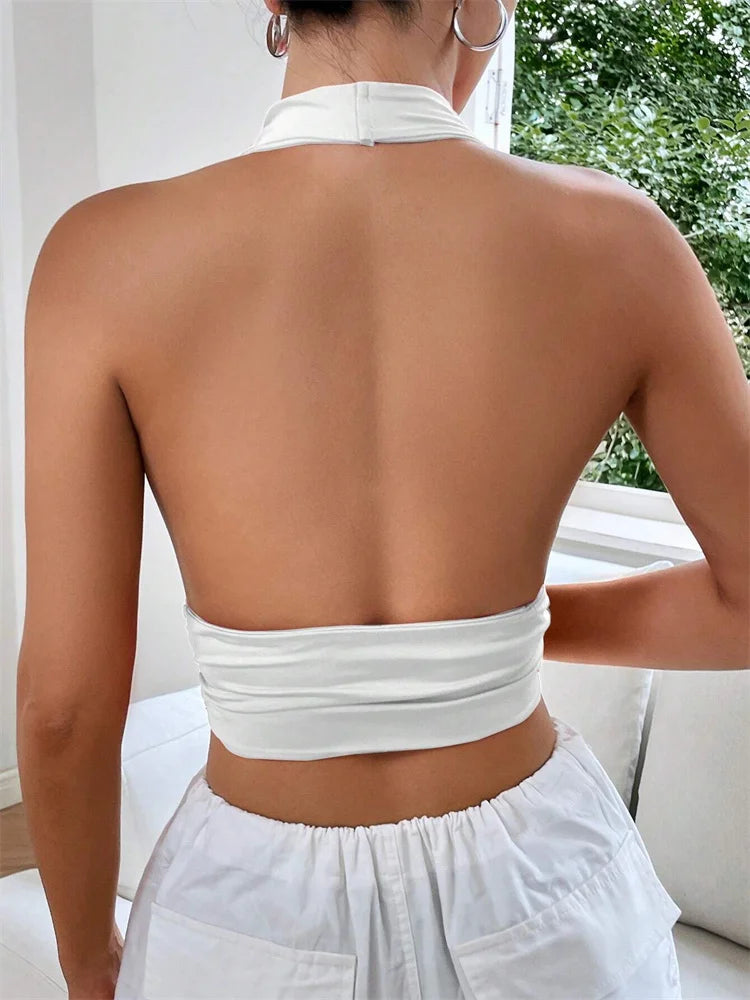 Sleeveless Backless Deep V-neck Halter Top Women Summer Club Party Sexy Solid Color Crop Tops Streetwear Y2K Clothes