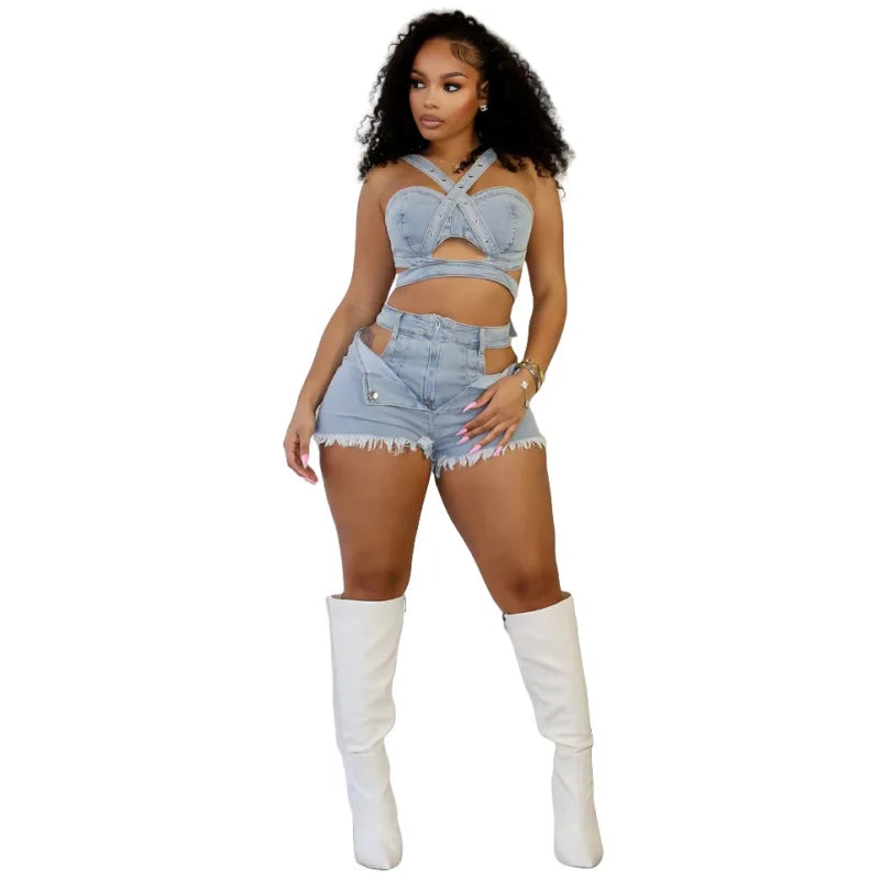 CM.YAYA Fashion Denim Cutout Women's Set Wrap Strap Crop Top and Shorts Jeans 2025 Summer Two 2 Piece Sets Outfits Tracksuit