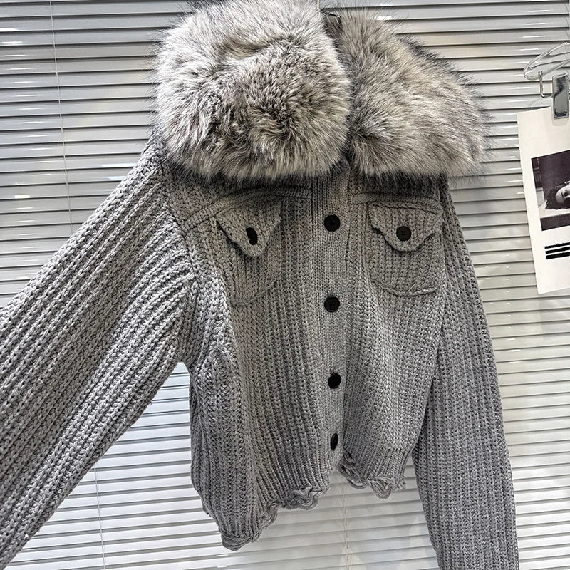 Winter New Street Style Faux Fur Collar Pocket Thick Knit Sweater Jacket For Women Single-breasted Cardigan 11A07488