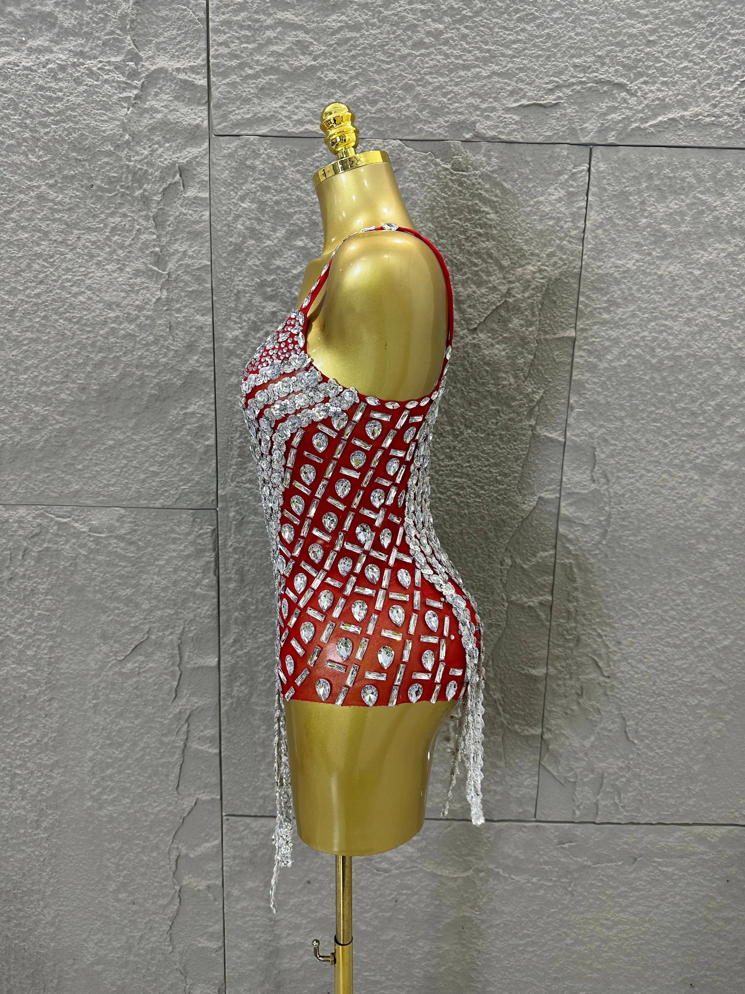 Sexy Sheer Mesh Bodysuit Women Spaghetti Strap V-Neck Full Crystal Embellished Fringe Bodycon Outfit Stage Performance Costume