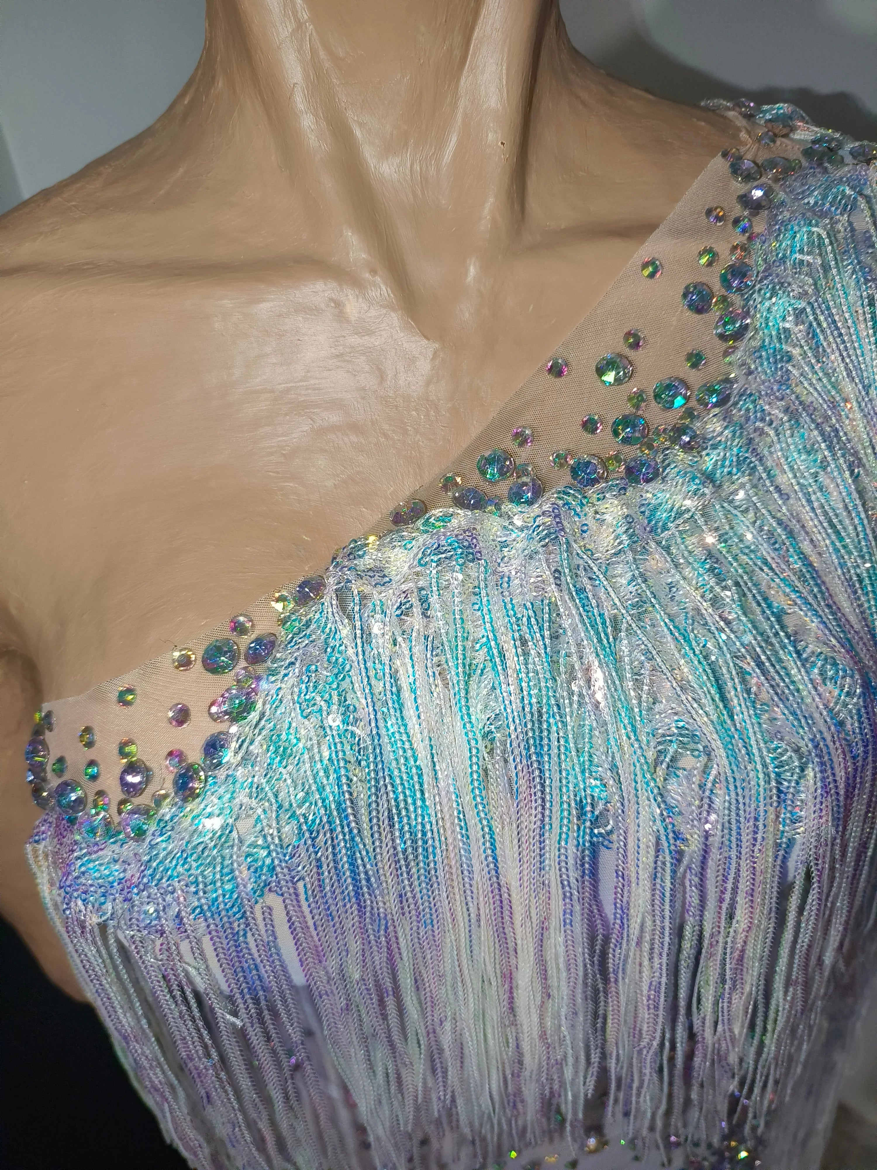 Glamorous Nude Sheer Mesh Dress Women Long Sleeve Flowy Rhinestone Fringe Embellished Nightclub Party Dance Performance Outfit