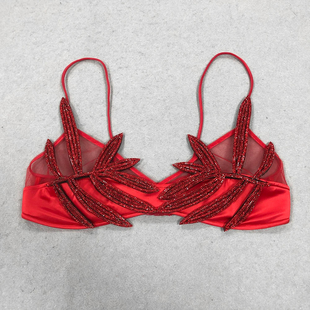 2025 Sexy Women'S Chiffon Patchwork Satin Diamond Studded Bra Top Spaghetti Strap Sleeveless Concealed Button Ultra Short Top Red