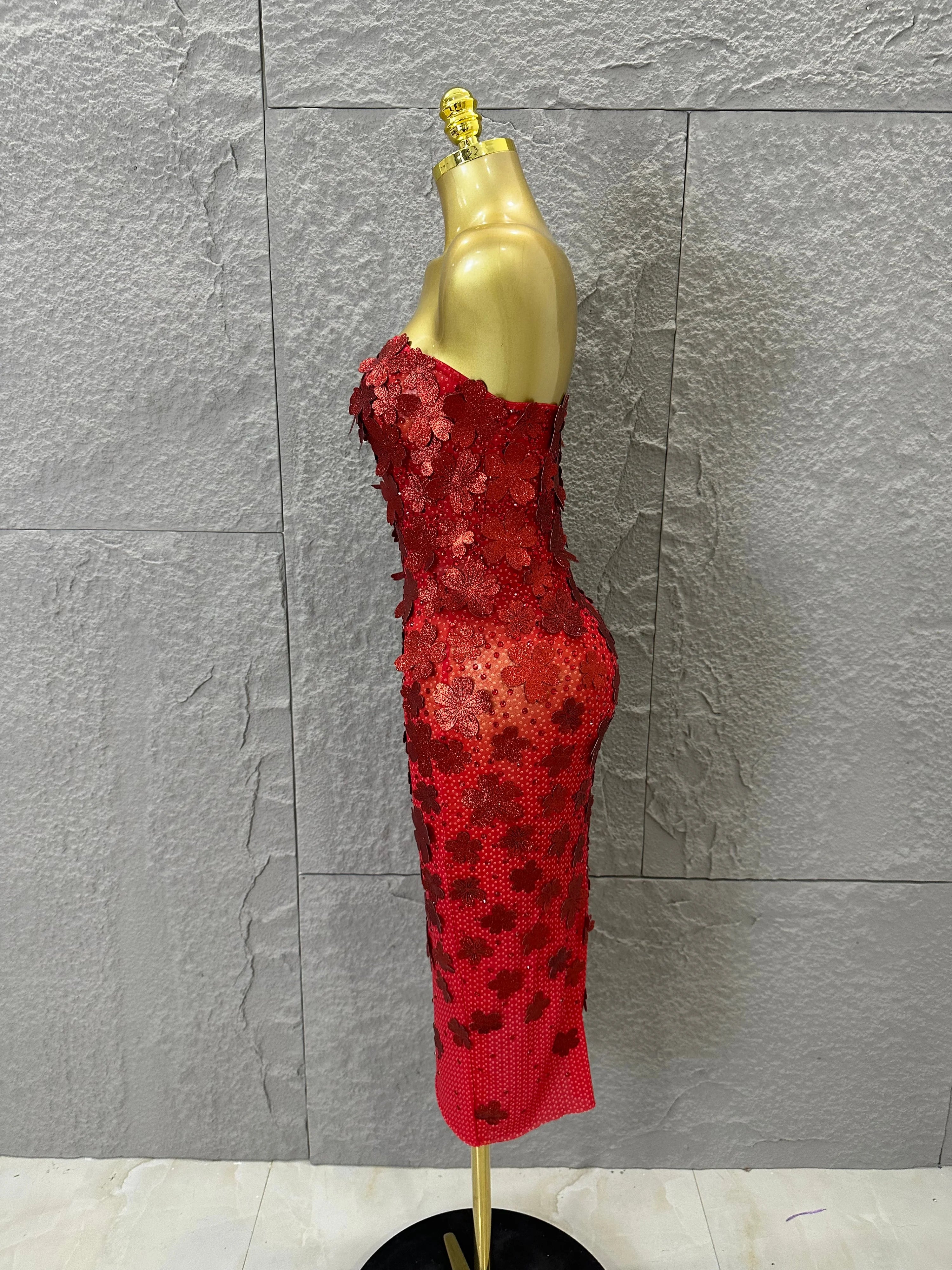 Sparkly Women Sexy Strapless Slim-fit 3D Flower Evening Gala Party Nightclub Cocktail Party Stage Performance Costume