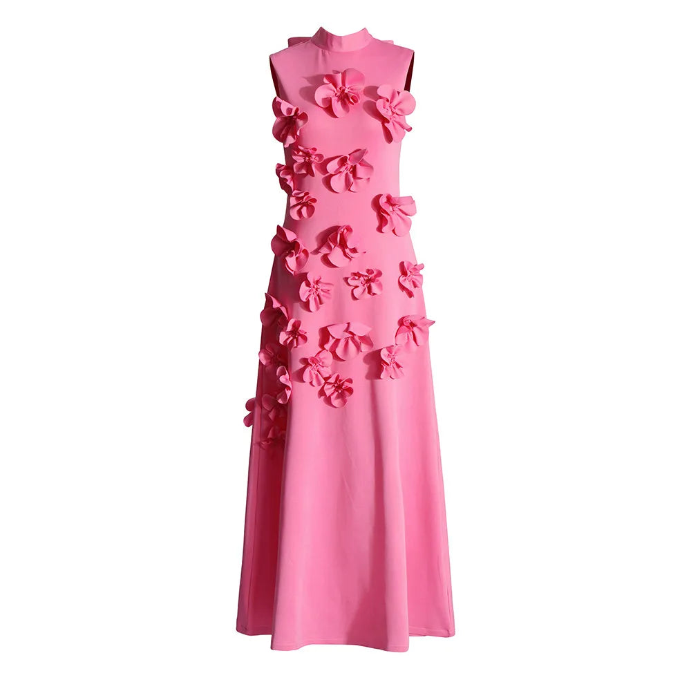 Patchwork Appliques Chic Dress For Women Stand Collar Sleeveless High Waist Spliced Lace Up Elegant Dresses Female PINK