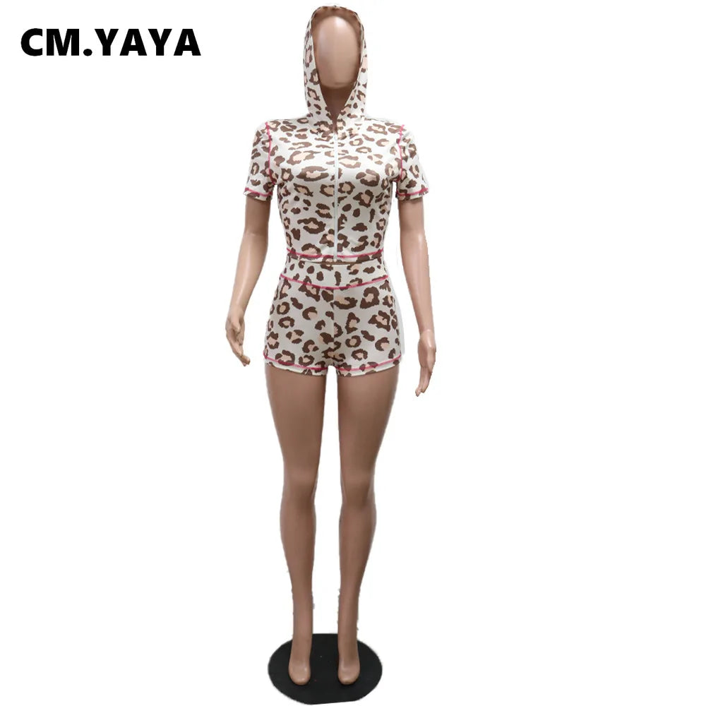 Fashion Leopard Print Women's Set Short Sleeve Hoodies + Shorts Suit 2025 Streetwear Active Two 2 Piece Set Tracksuit