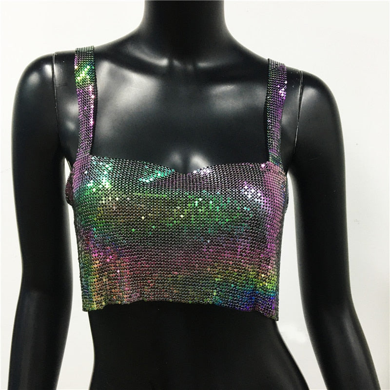 Sexy Metal Sequin Tank Top For Women y2k Summer Beach Backless Crop Top Rave Festival Club Outfits Camisole