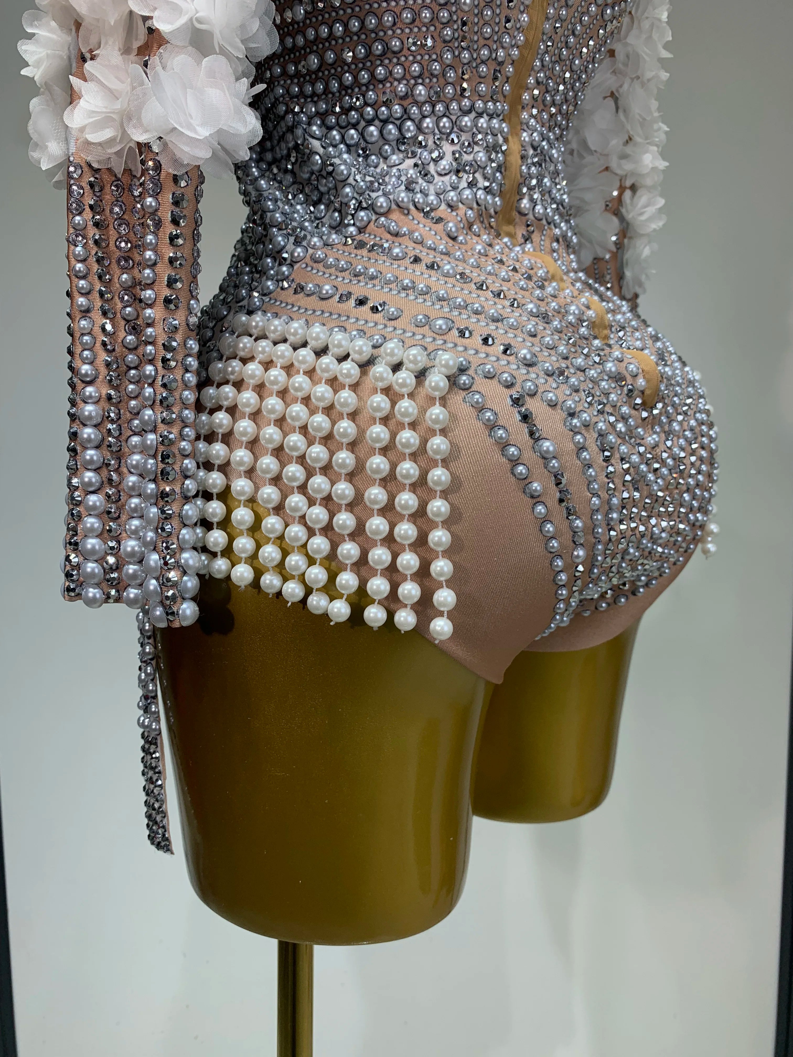 Sparkly Luxury Sheath Bodysuit Women Sexy Pearls Rhinestone Flowers Stage Singer Outfit Nightclub Performance Dance Costume