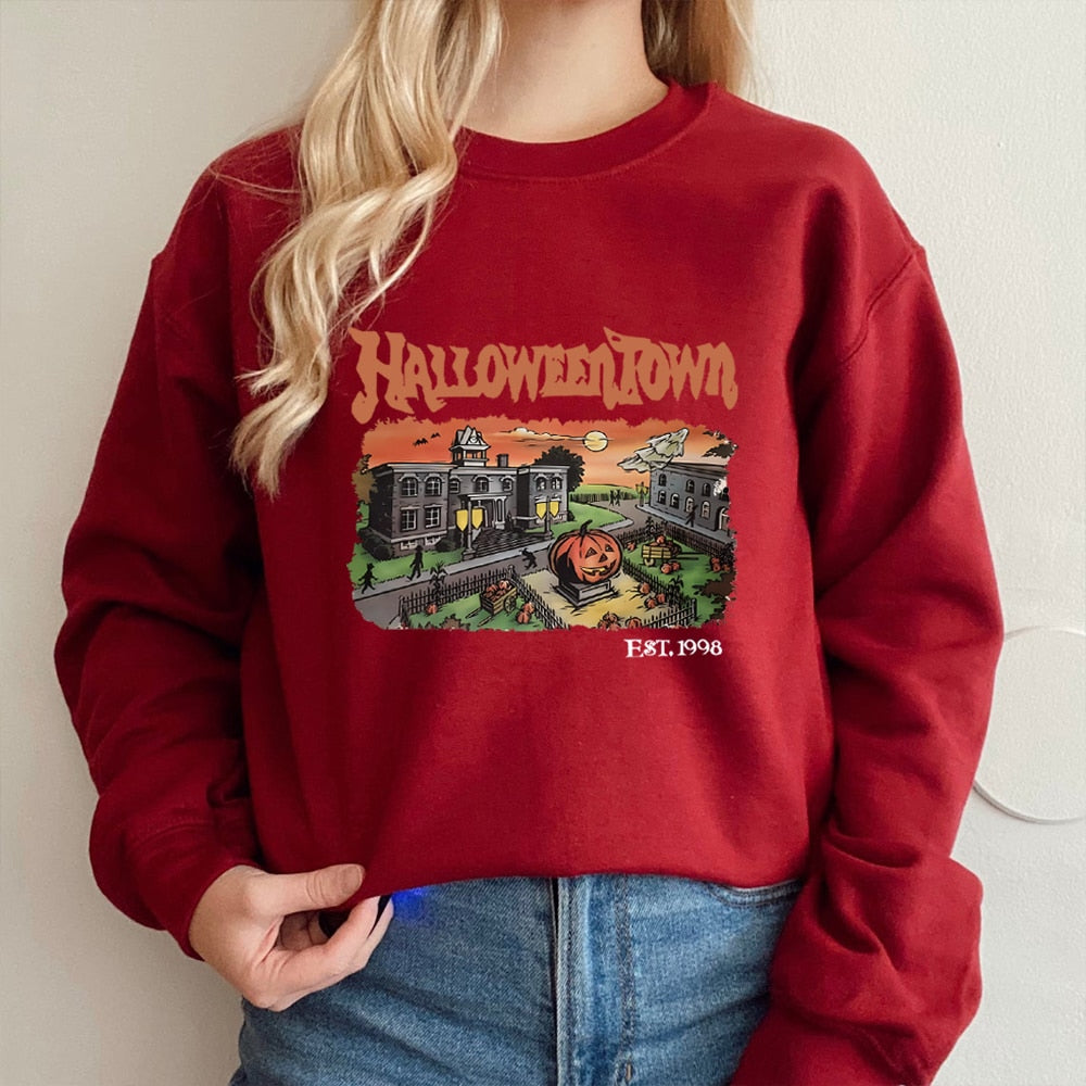 Retro HalloweenTown 1998 Crewneck Sweatshirt Halloween Shirt Funny Halloween Party Sweater Fall Pumpkin Tshirts Halloween Gift Wine Red