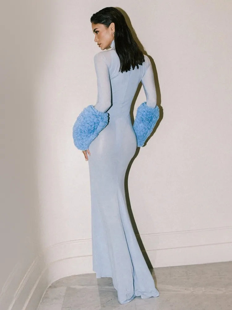 New Women Celebrity Sexy Long Sleeve Mesh Sky Blue Maxi Long Bodycon Dress 2024 Elegant Evening Club Party Outfit