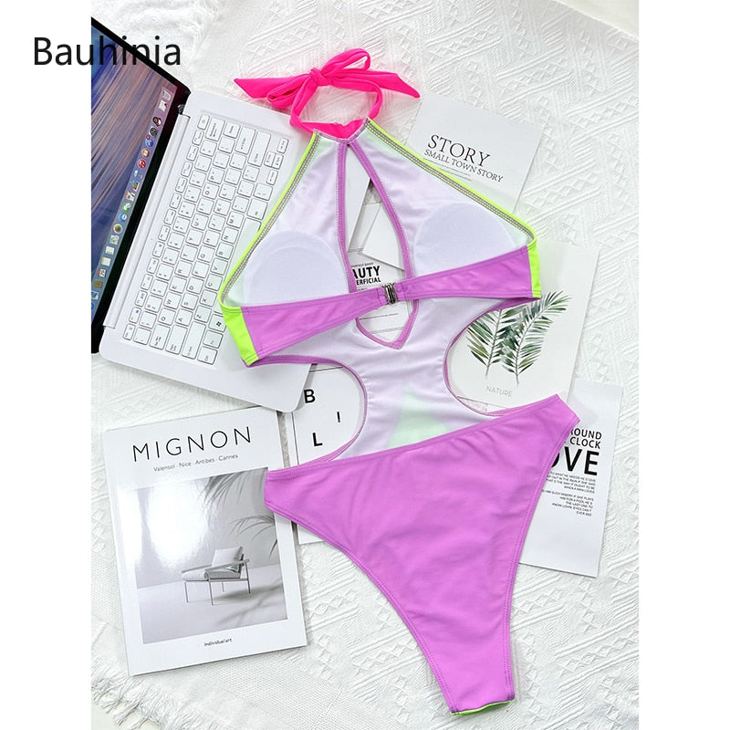 Sexy Colorblock One Piece Swimsuit Fashion Hollow Design - Monokini Swimwear Backless Bather Bathing Suit