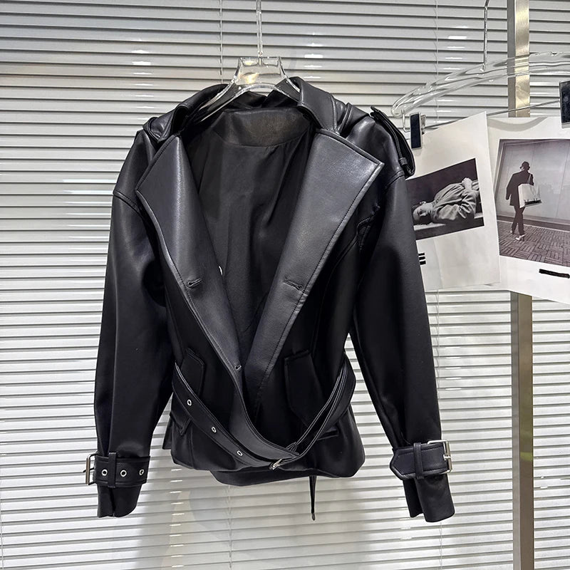 Winter New Fashionable Street Style Double-Breasted Belted Waist PU Leather Hooded Jacket For Women Coat 11A07952