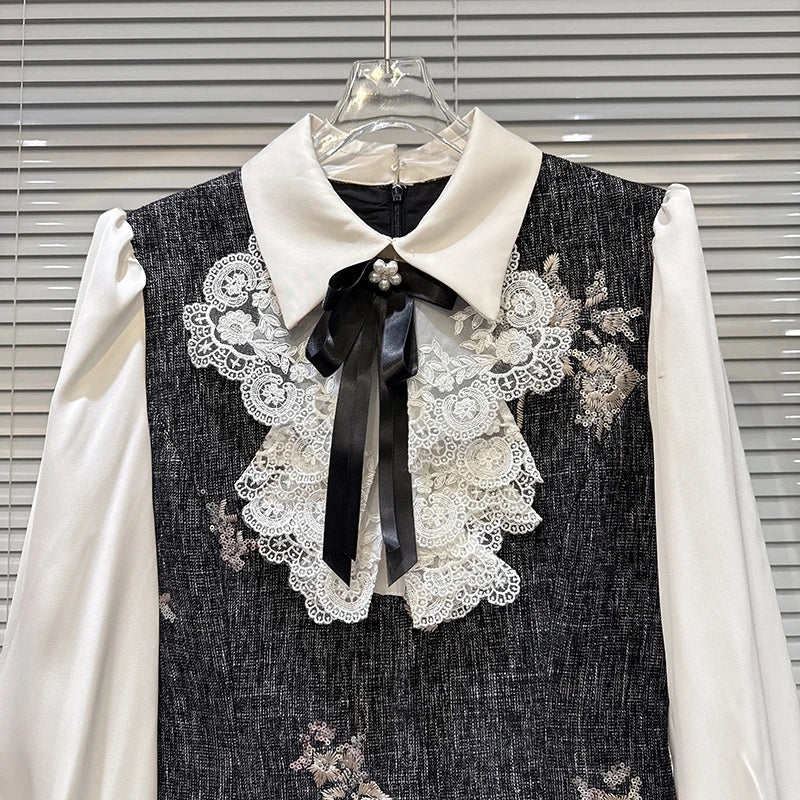 Winter New Fashion Bow Beaded Embroidered Shirt Patchwork Fake Two-Piece Dress For Women Elegant Dresses 11A07866