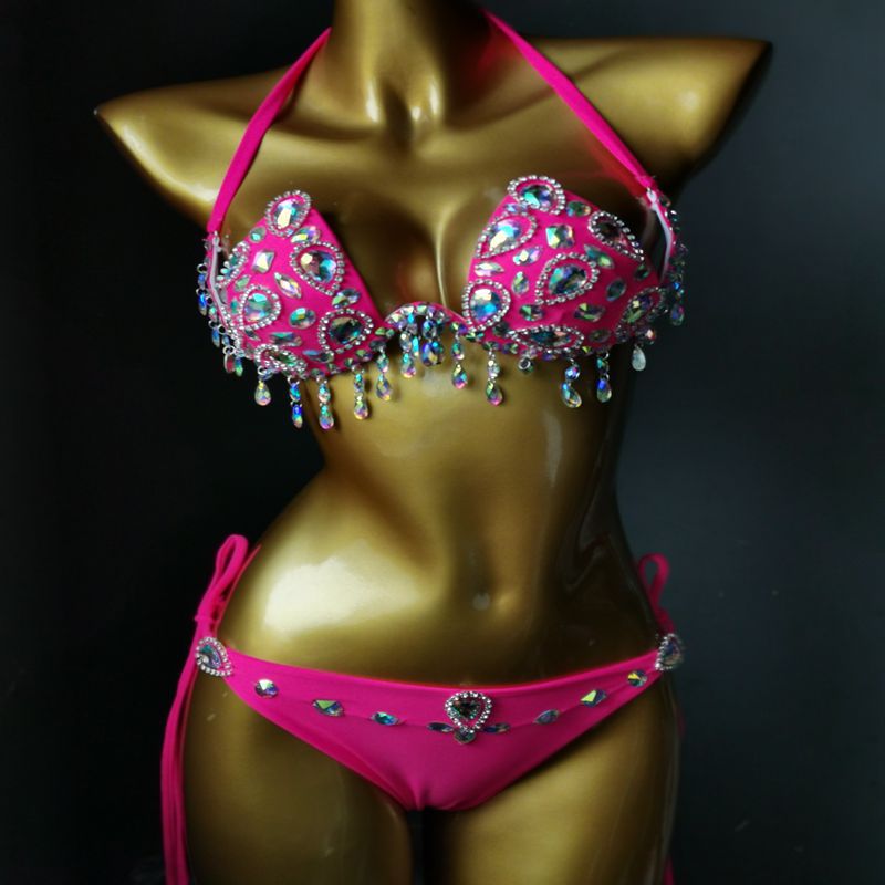 Sexy Women's Gathered Swimsuit Push Up Rhinestone Triangle Bikini Luxury Crystal Diamond Girls Swimwear Rose Red