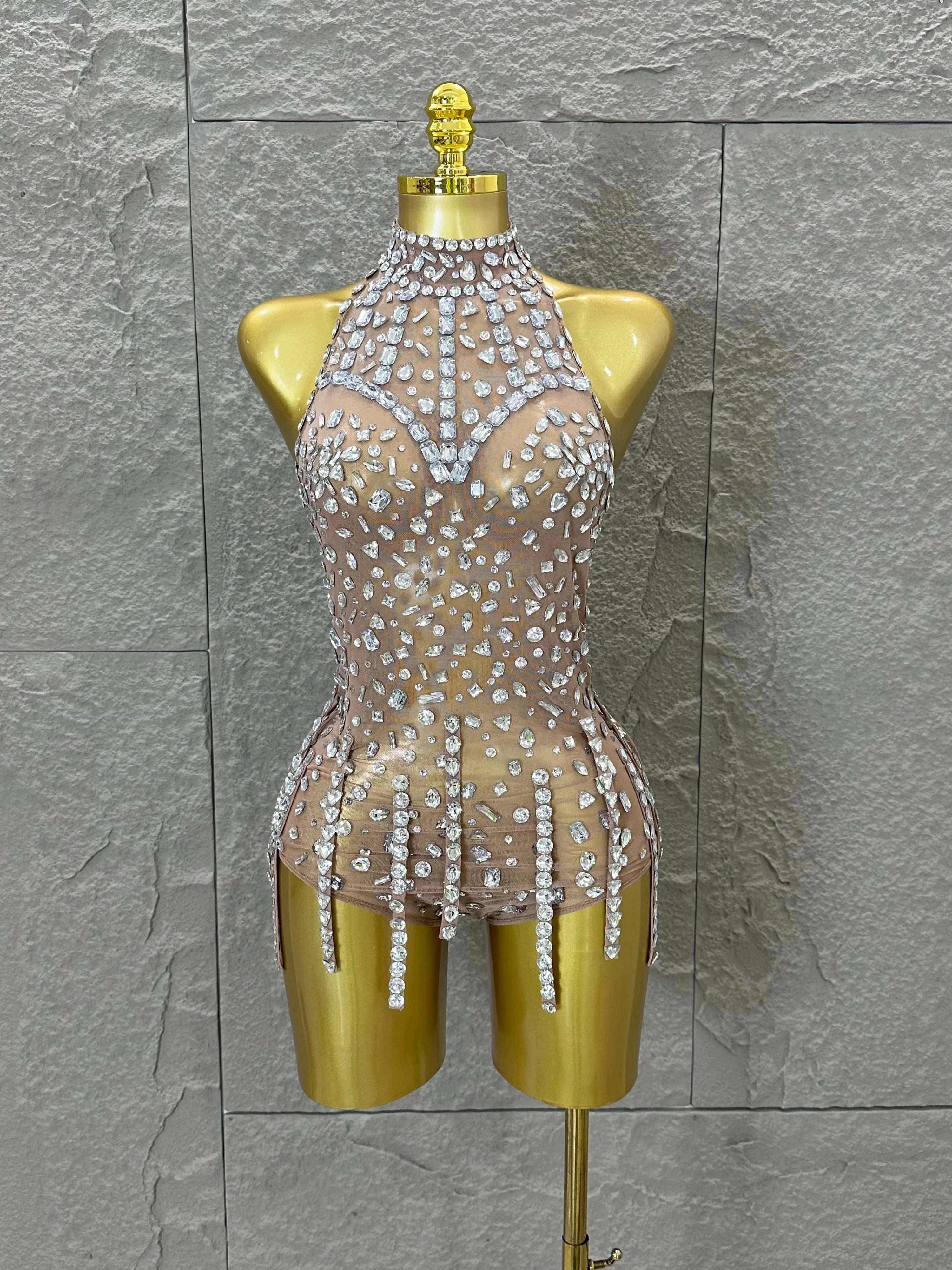 Pink Nude Sleeveless Bodysuit Women Sheer Mesh Crystal Rhinestone Embellished Formal Event Performance Costume Silver