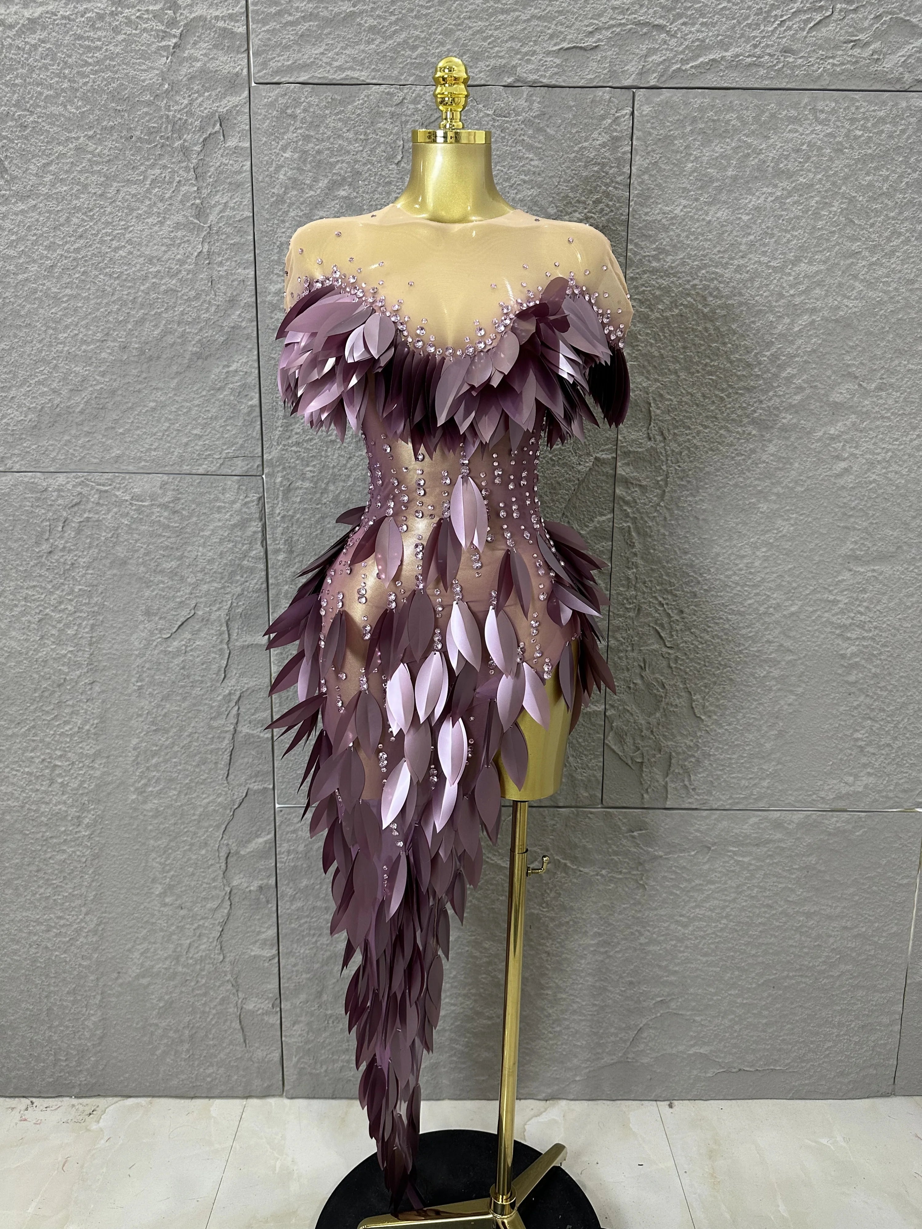 Sparkly 2026 Purple Sheer Mesh Dress Women Sexy Illusion Neck Rhinestone 3D Leaf Fringe Bodycon Evening Gala Nightclub Outfit PURPLE