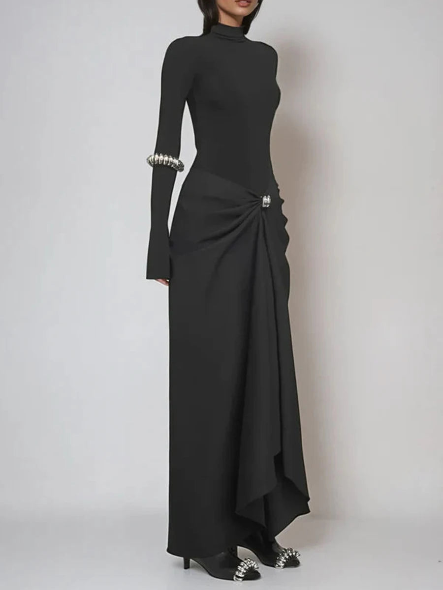 Slimming Two Piece Sets for Women High Neck Long Sleeves Minimalism Top High Waist Patchwork Folds Skirt Female New