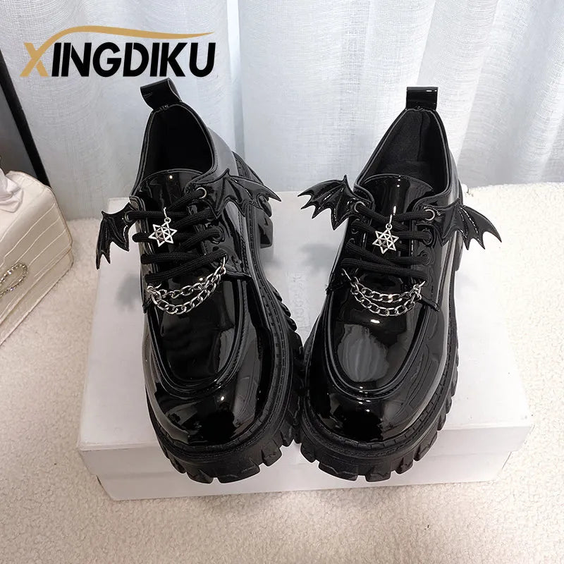 Punk Wind Fashion Single Shoes Autumn Devil Bat Wings Gothic Women's Shoes Thick Bottom Waterproof Platform Metal Chain