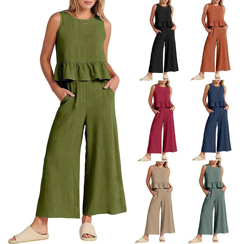 Women's S-3XL plus size Summer women's pleated sleeveless vest with wide leg straight leg cropped pants casual set