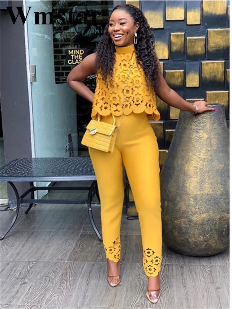 Wmstar Women Two Piece Set Plus Size Summer Fashion Sleeveless Casual Outfits Solid Color Holiday Long Pants Office Streetwear Burgundy