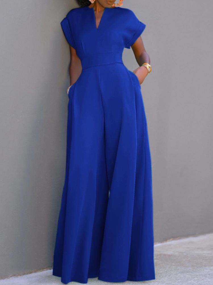 Summer Holiday Overalls Casual Elegant Playsuit Women Short Sleeve Long Rompers Commuting Wide Leg Pants Jumpsuits Royal