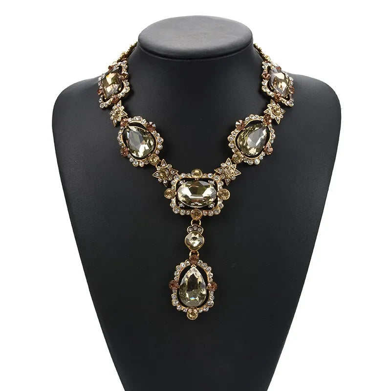 Statement Rhinestones Jewelry Large Gemstone Gem Stone Crystal Victorian Jewellery Green Emerald Bib Necklace for Women