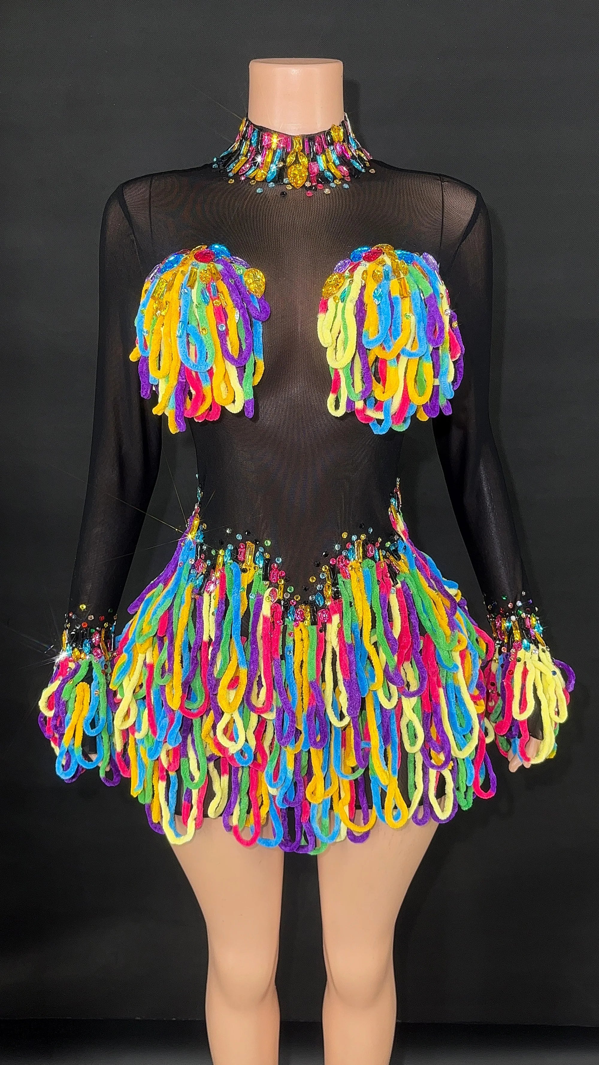 2025 Women Shiny Colorful Diamonds Sexy Stretch Transparent Mesh Short Dress Nightclub Party Singer Stage Performance Costume black