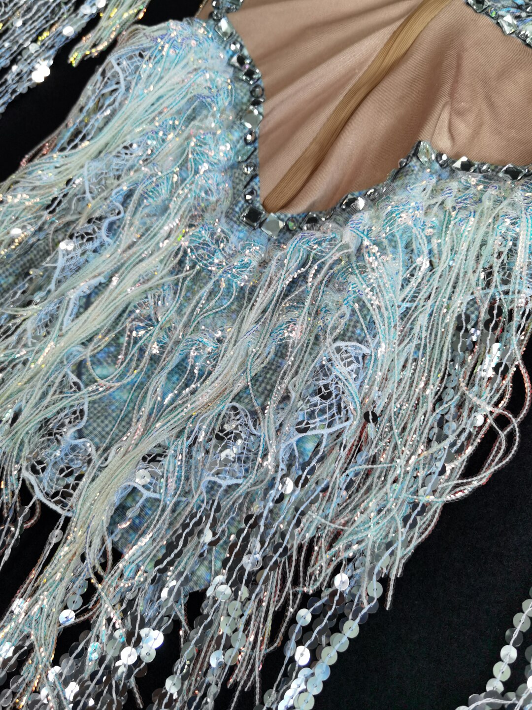 Sparkling Silver Rhinestone Sequin Tassel Party Bodysuit Women Stretch Dance Fringes Jumpsuit Club Bar Singer Leotard Stage Wear