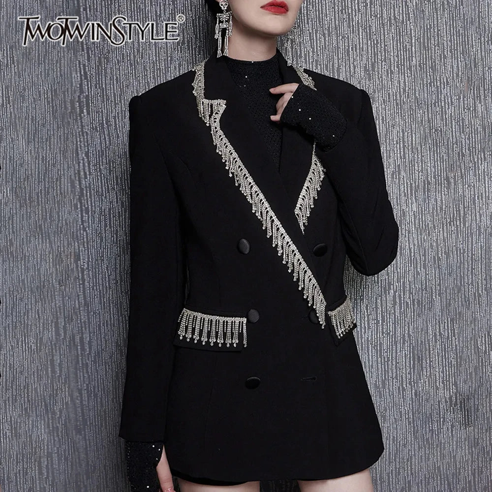 Solid Spliced Tassels Elegant Jackets for Women Lapel Long Sleeve Patchwork Double Breasted Blazer Demale Clothing