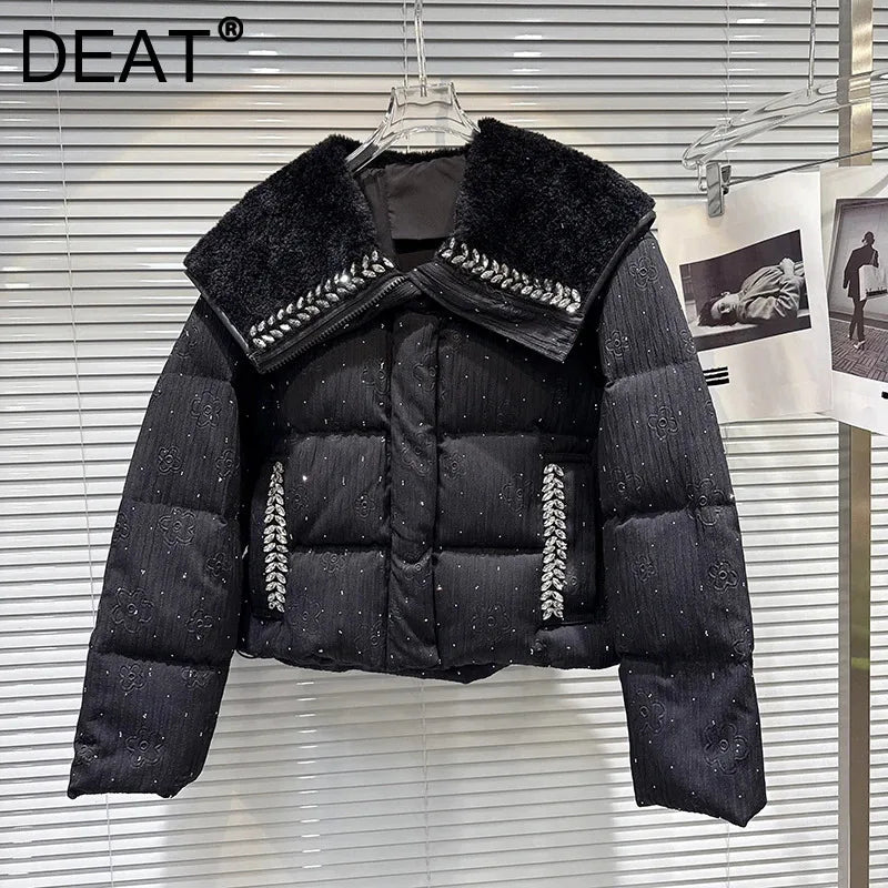 Winter New Sweet Fashion Fleece Sailor Collar Rhinestone Edge Heavy Cotton-padded Jacket For Women Warm Coat 11A07590