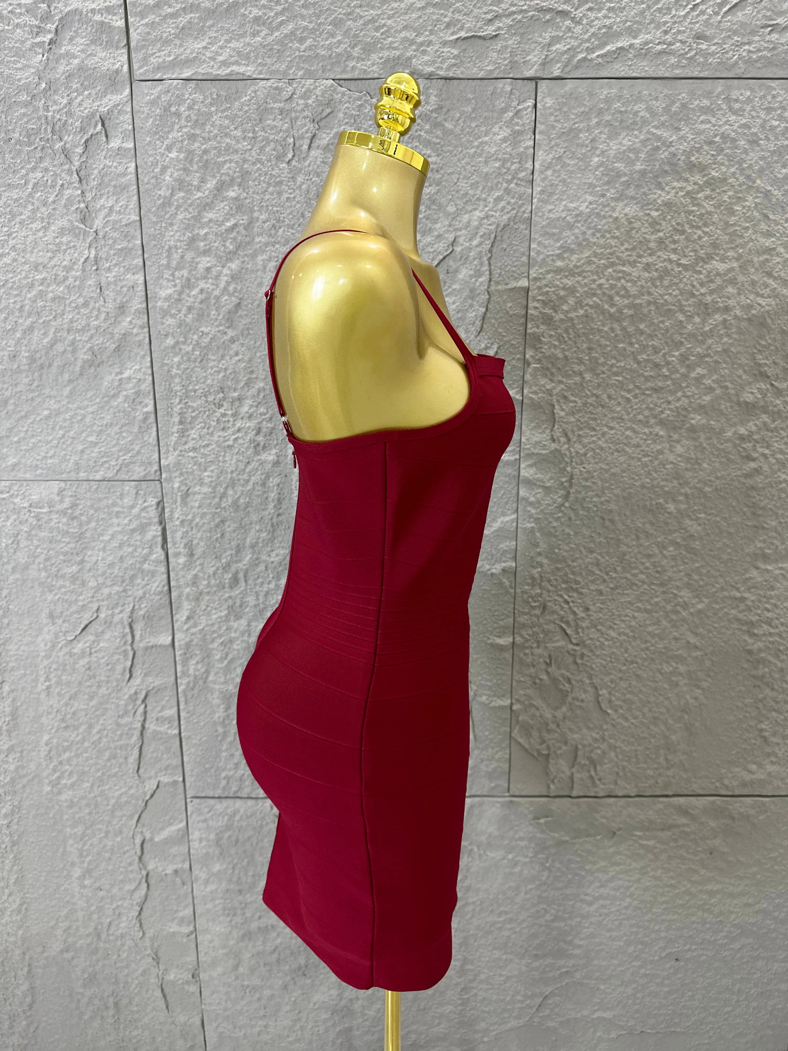 Chic Burgundy Bandage Mini Dress Women Spaghetti Strap Square Neck Bodycon Formal Event Casual Wear Costume