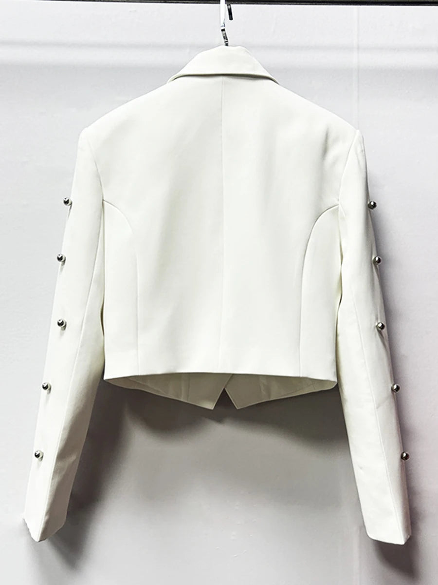 Solid Slimming Spliced Bead Fashion Short Jackets for Women Lapel Long Sleeves Temperament Jacket Female Clothing