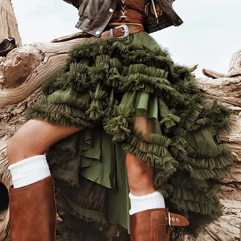 3 Colors Women's Irregular Hem Ball Gown Long Skirt Tulle Ruffles Multilayers Skirt Ladies Fairy Gauze Maxi Skirts Female Outfit green